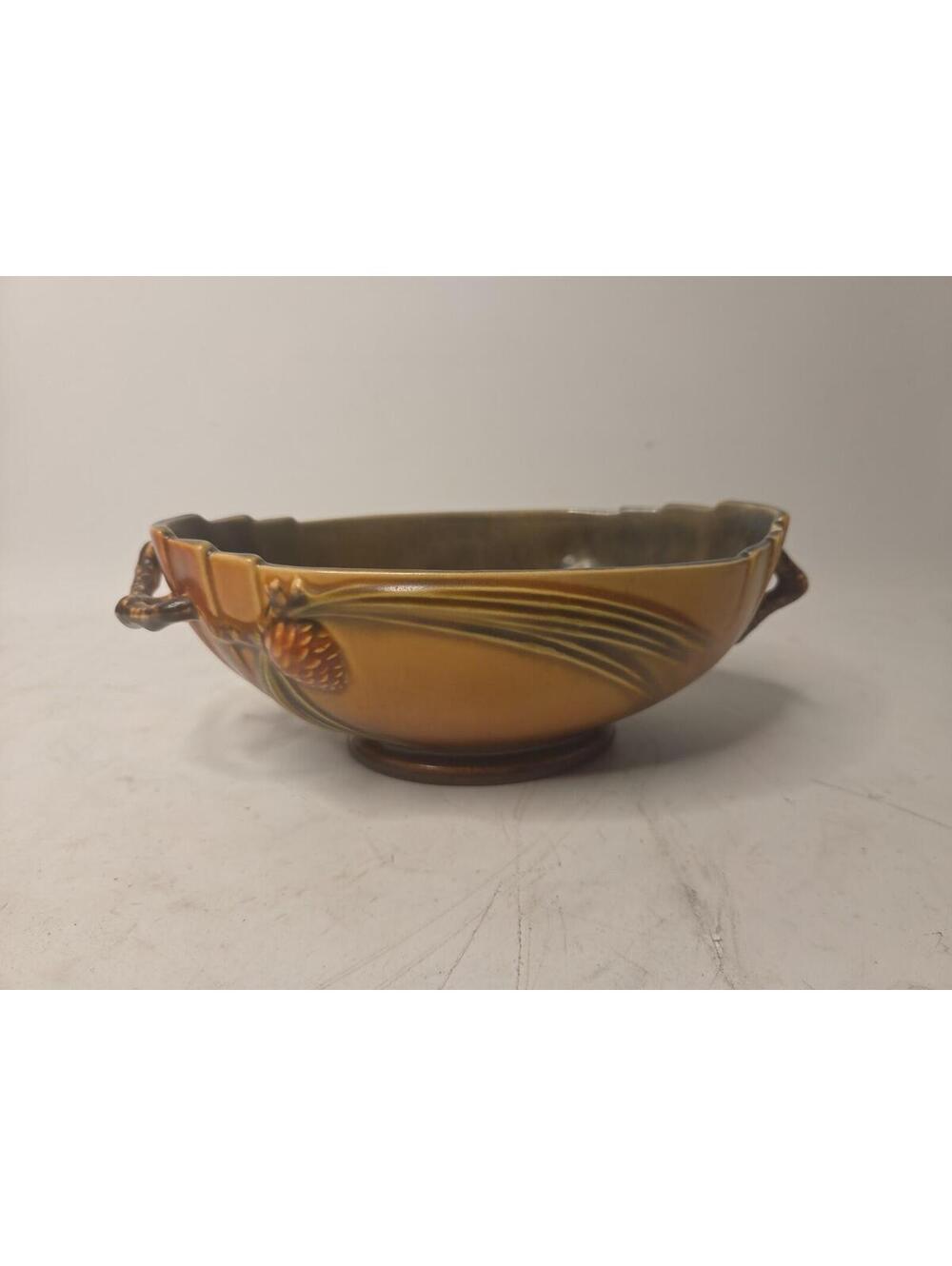 ROSEVILLE POTTERY PINE CONE BROWN #279-9" HANDLED OVAL CONSOLE BOWL Small Chip